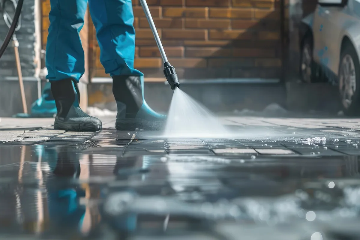 A worker in boots directing a pressure washer across a wet concrete surface